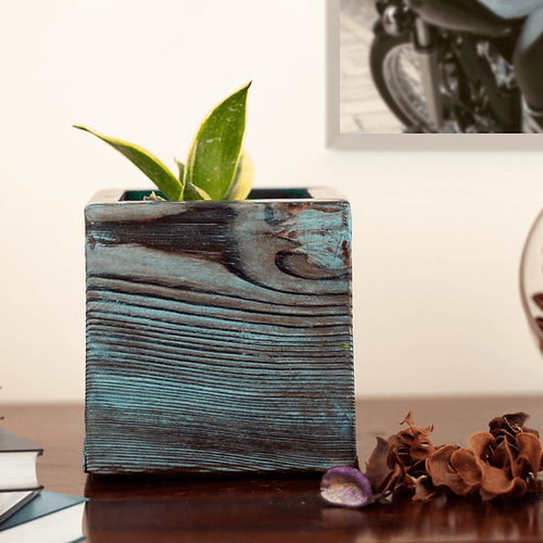 Happy Blue Solid Wood Planter For Table Top Image 1