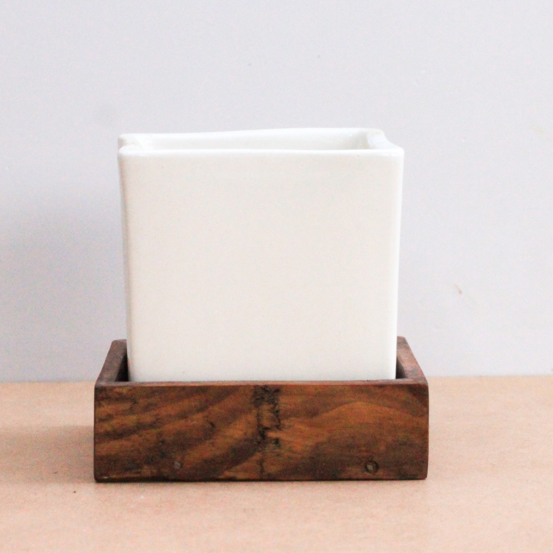 Pie Table Top Planter Brown Holder With White Square Planter Image 2