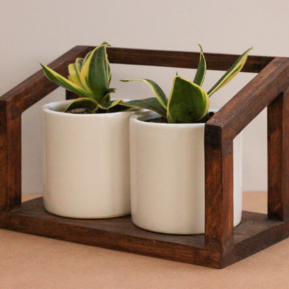 Swing Wooden Planter Stand With Two White Ceramic Planters Image 2